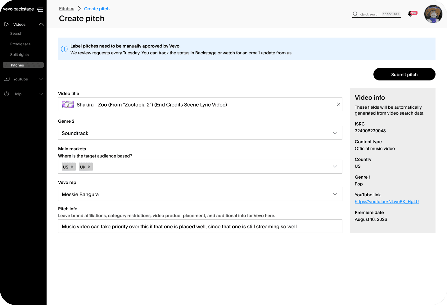 Vevo CMS: create label pitch screen