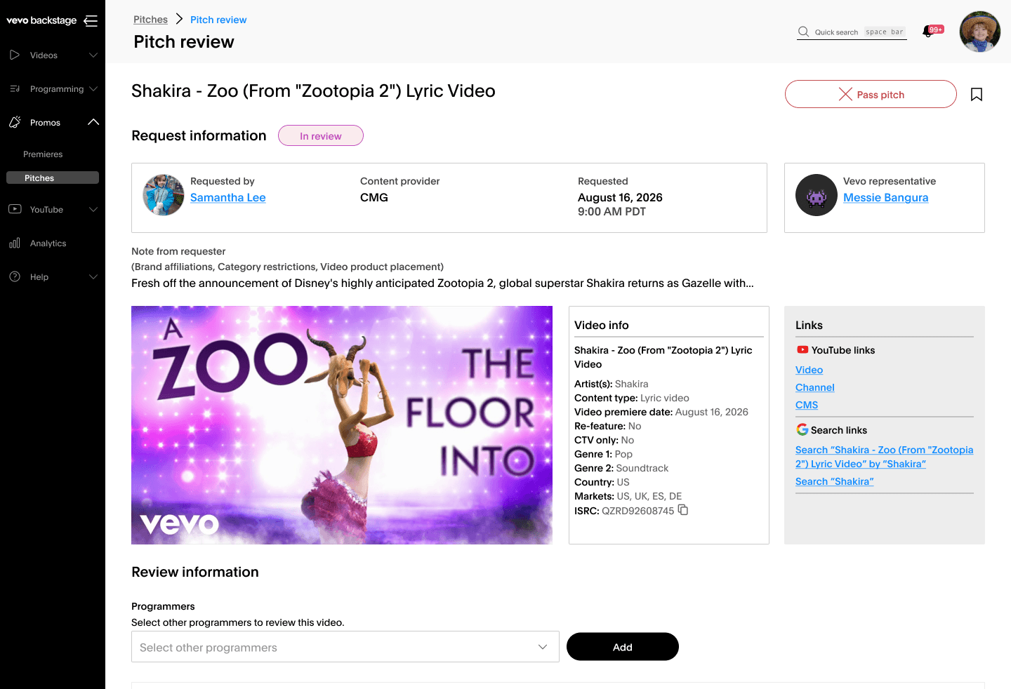 Vevo CMS: pitch review screen